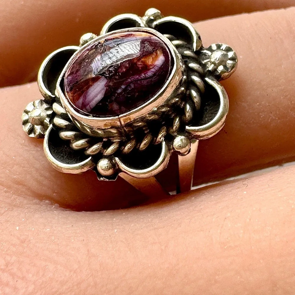 Navajo Flower Ring Purple Spiny Oyster Sz 8 Sterling Silver Native Signed Morgan